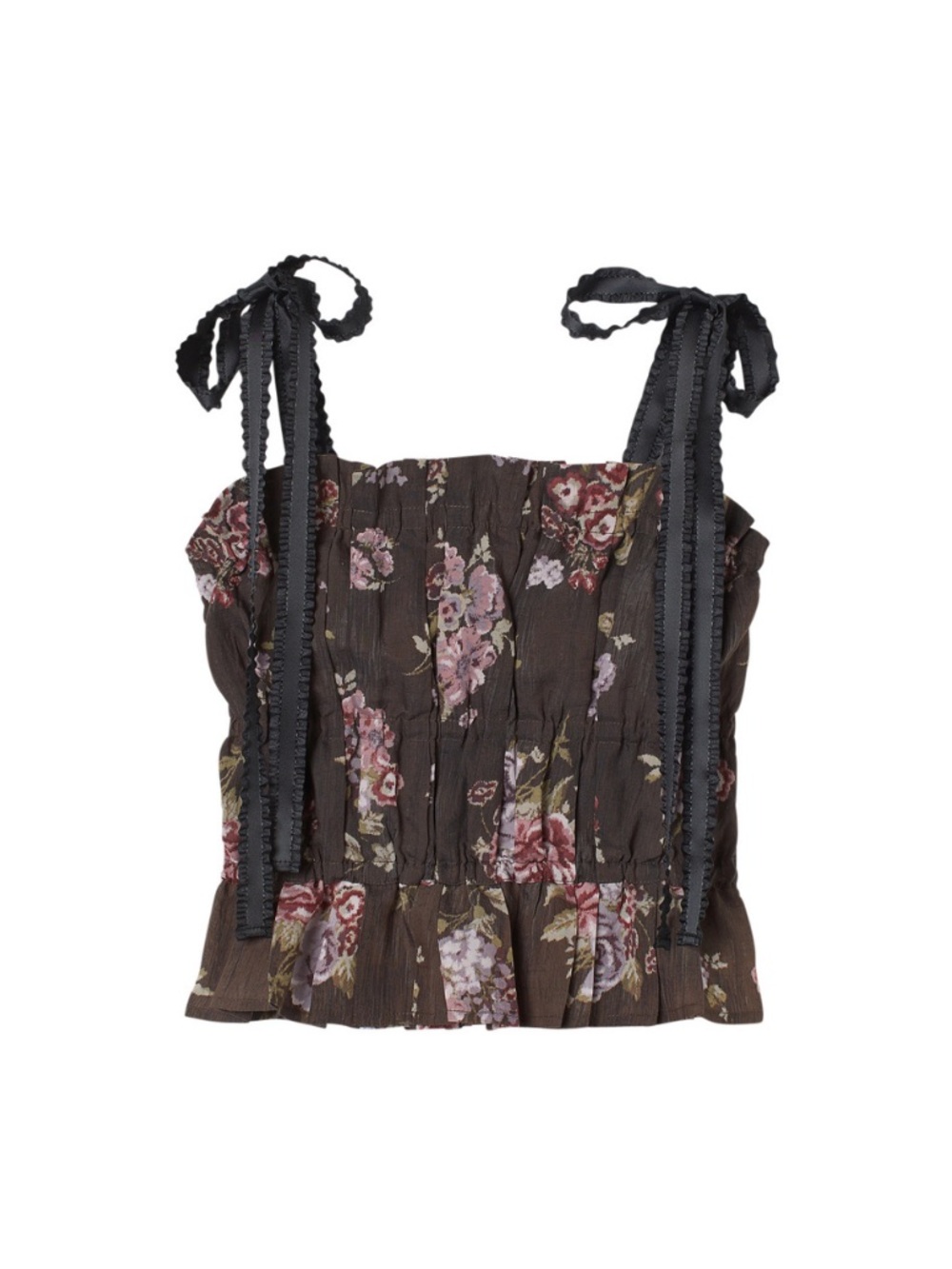 H&M BROCK COLLECTION Floral Smocked Tie-Shoulder Crop Top - Brown